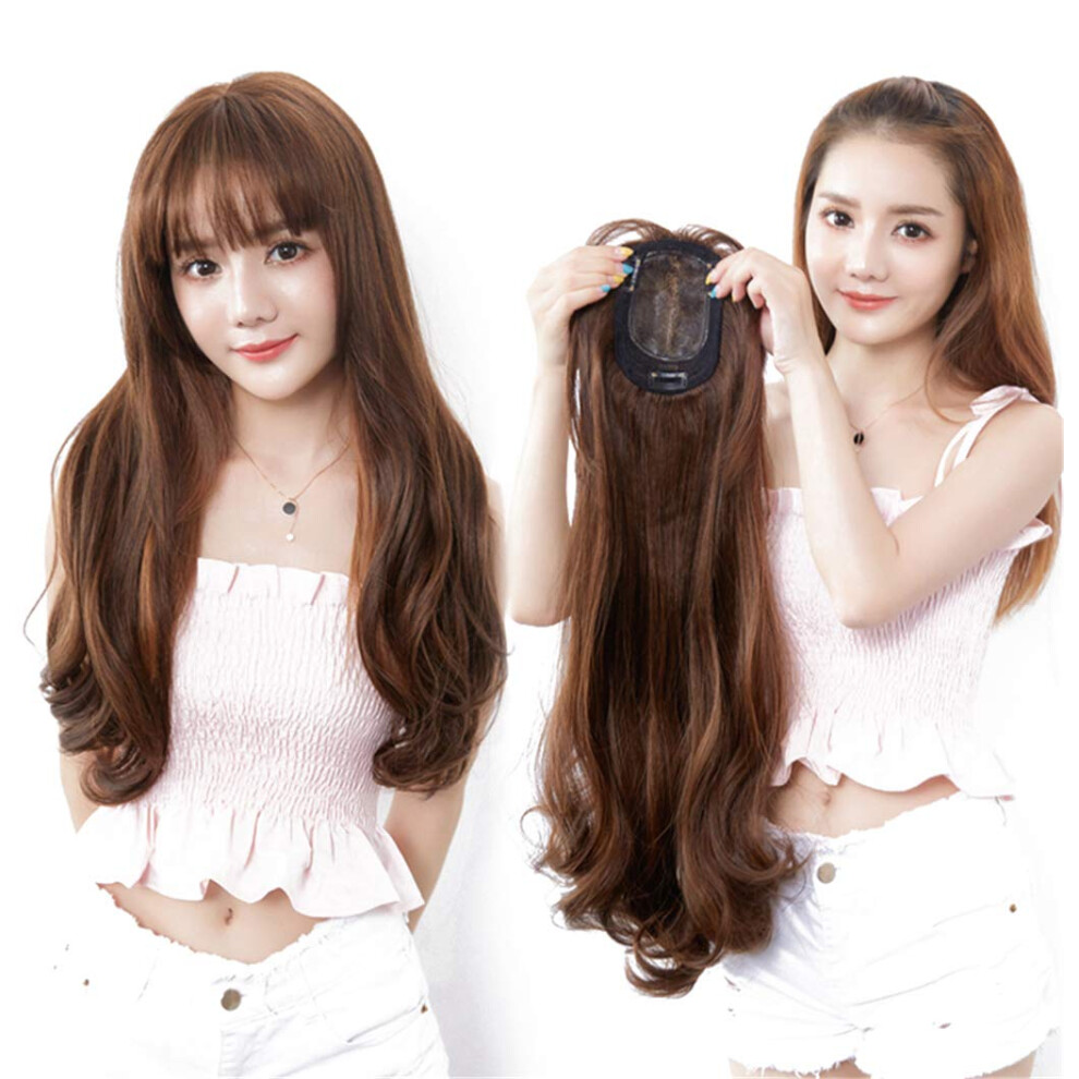 Unisex Brown Hair Topper With Bangs, 23.6 Inch Wavy Blonde Synthetic Hairpiece For Thinning Hair