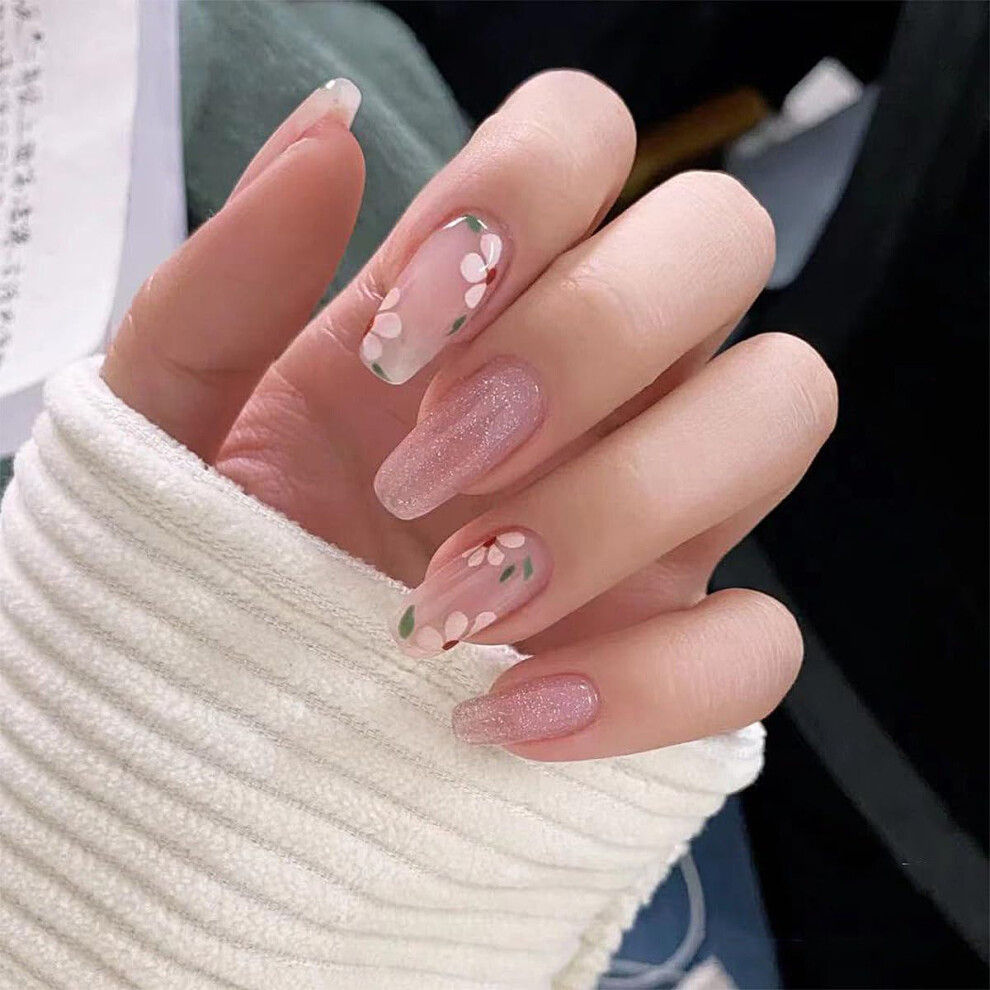Pink,Cream Coffin Press On Nails Nude Pink With Glitter Floral Design, Reusable Fake Acrylic Nails Kit 24Pcs