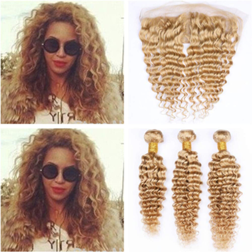 Unisex Virgin Peruvian Honey Blonde Deep Wave Hair Bundles With 13X4 Lace Frontal 4Pcs Set #27