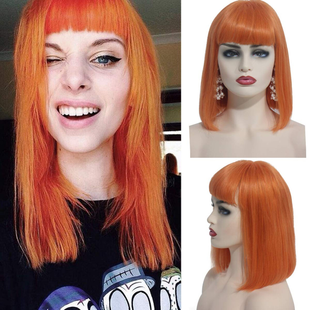 Unisex Orange Straight Human Hair Bob Wig With Bangs 13X4 Lace Front 180% Density Natural Hairline