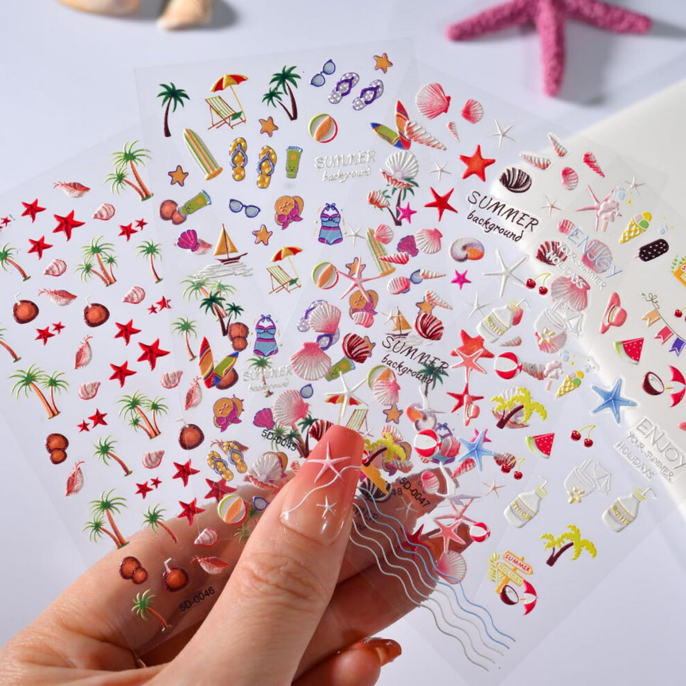 4 Sheets 5D Embossed Ocean Nail Art Stickers Starfish Seashell Decals Coconut Tree DIY Manicure