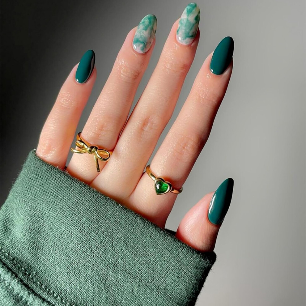 Green Short Almond Press On Nails Gradient Marble Glossy Acrylic Ombre Fake Nails 24Pcs