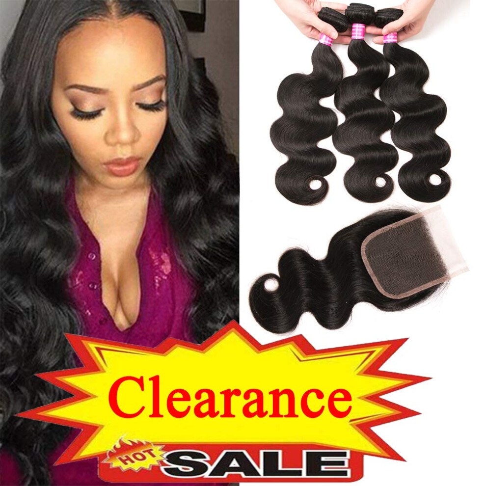 Brazilian Virgin Hair 3 Bundles with Closure Body Wave Human Hair Extensions Natural Lace