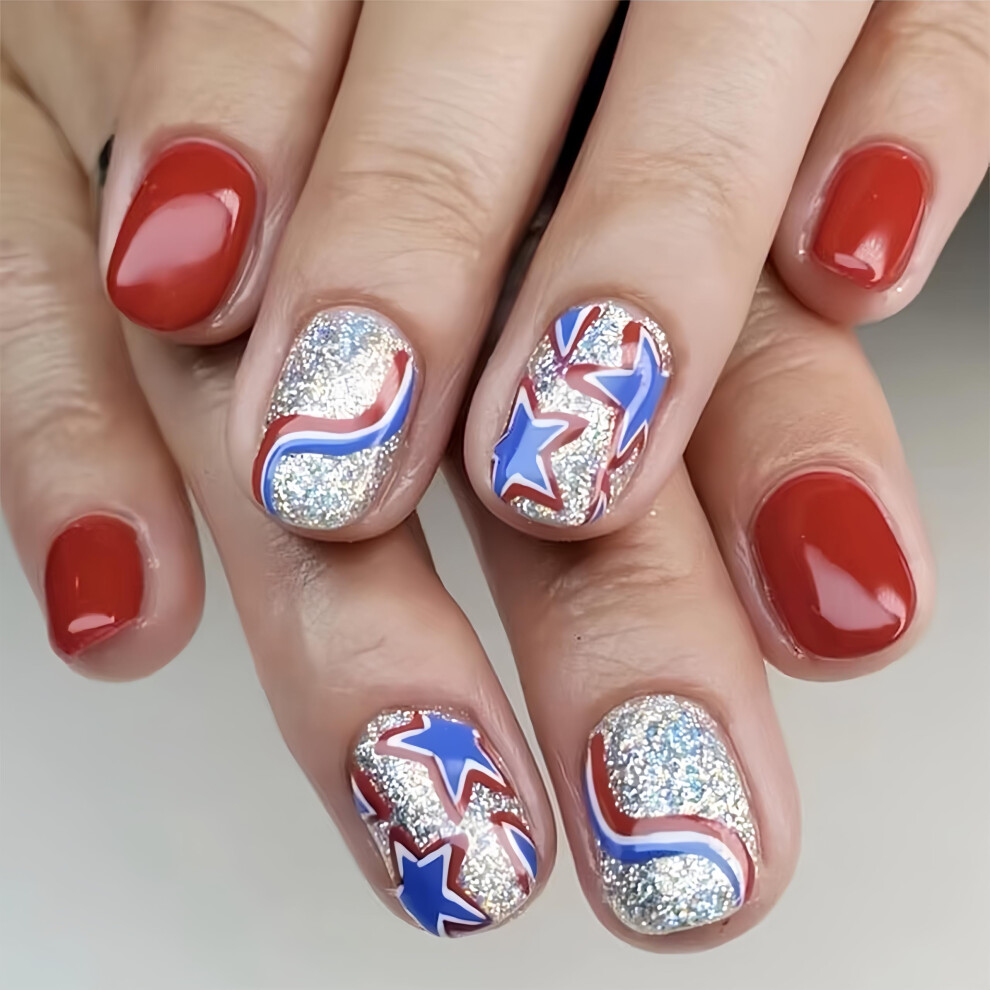 Blue,White,Red Independence Day Press On Nails 24Pcs Red White Blue Acrylic Fake Nails With Stars For 4Th Of July