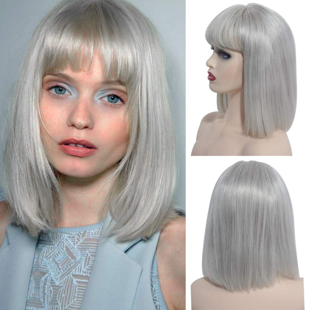 Lace Front Bob Wig with Bangs 13x4 Brazilian Virgin Human Hair, Glueless, 180% Density, Grey 14'
