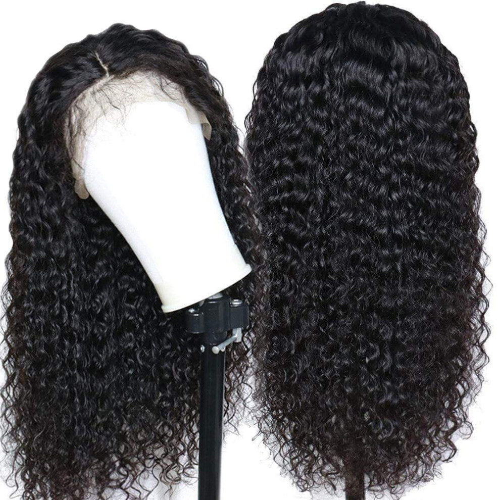 Unisex Black Human Hair Lace Front Wig Brazilian Deep Curly Full Lace Glueless Pre Plucked 22Inch For Women