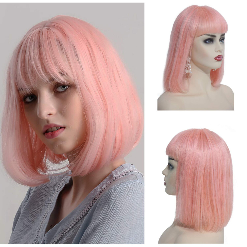 Unisex Pink Human Hair Lace Front Bob Wig With Bangs 180 Density Natural Hairline Brazilian Virgin Hair 14 Inch