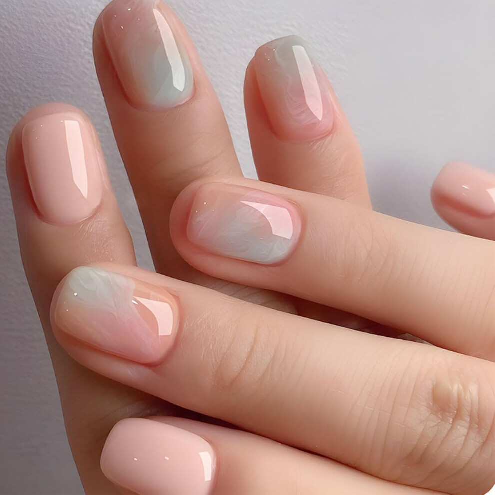 24 Pcs Short Square Press on Nails French Ombre Marble Design Fake Nails SalonQuality Reusable Kit