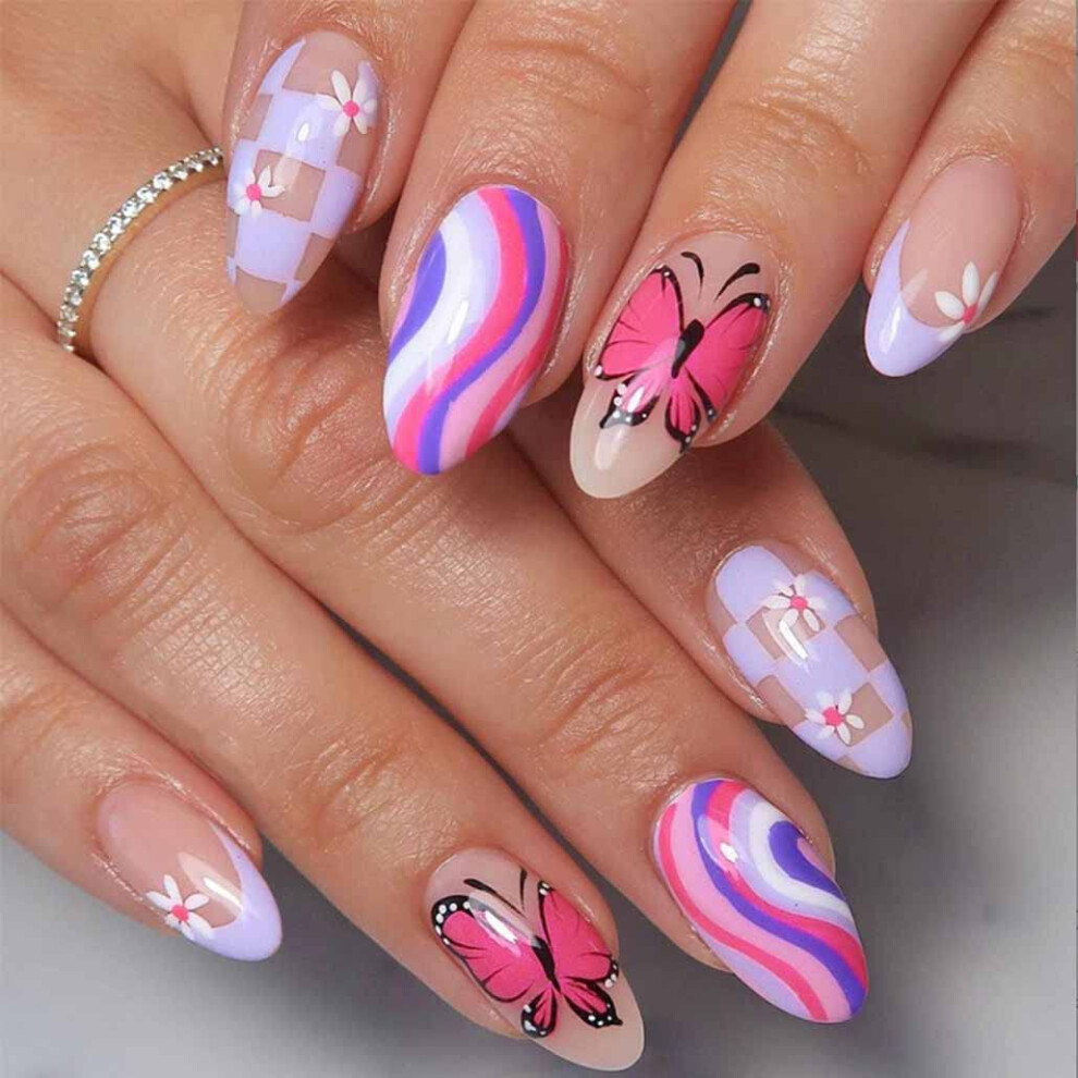 Light/Green Butterfly Press On Nails Medium Almond Fake Nails With Glossy Finish For Women And Girls 24Pcs