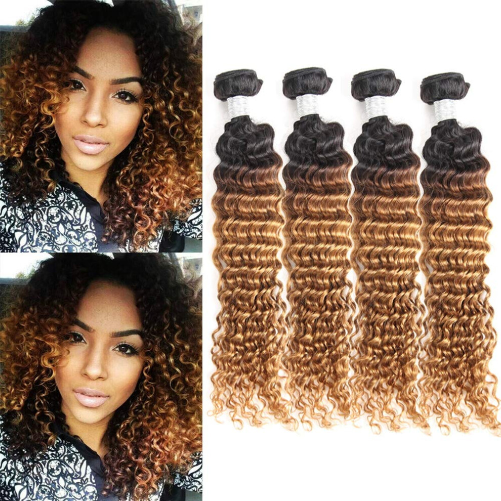 Unisex Ombre Deep Wave Human Hair Bundles 1B/30 Brazilian Extensions 4Pcs Volumizing Weft Set