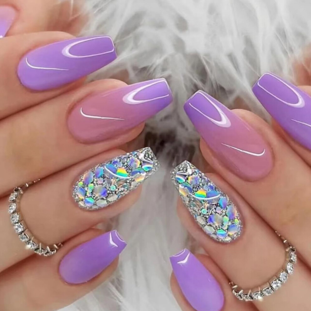 Purple Coffin Press On Nails Medium Length Ombre Glitter Acrylic Fake Nails Reusable Nail Kit