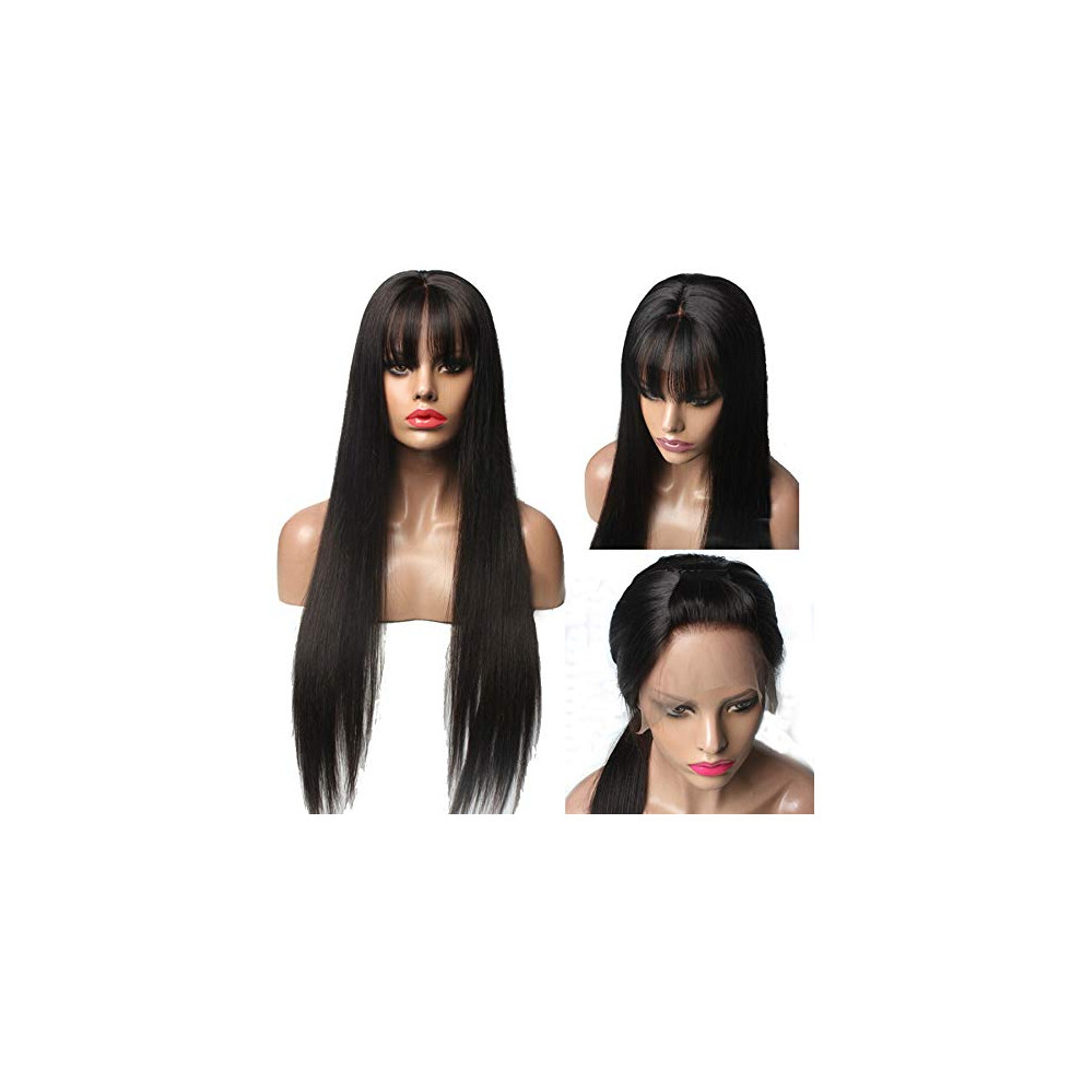 Unisex Black Brazilian 13X6 Lace Front Human Hair Wig Glueless Silky Straight With Bangs Pre Plucked 22Inch