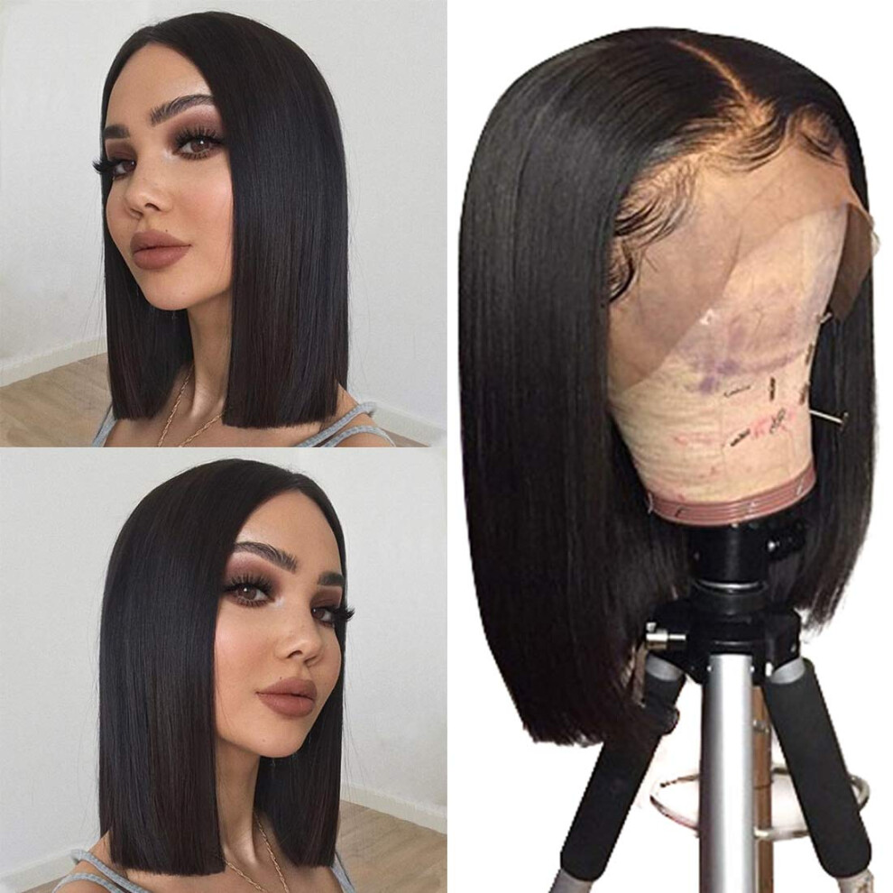 Unisex Human Hair Lace Front 13X4 Bob Wig 10 Inch 180 Density Brazilian Straight Hair Natural Hairline