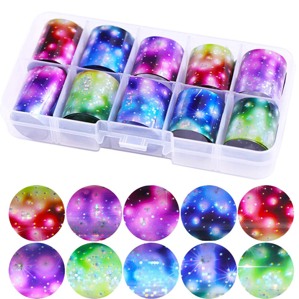 Holographic Nail Art Foil Set 10 Rolls Starry Sky Transfer Wraps for Acrylic and Gel Nails