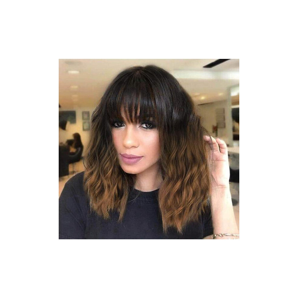 Unisex Black/Brown Short Wavy Wig With Bangs For Women Shoulder Length Bob Curly Wom