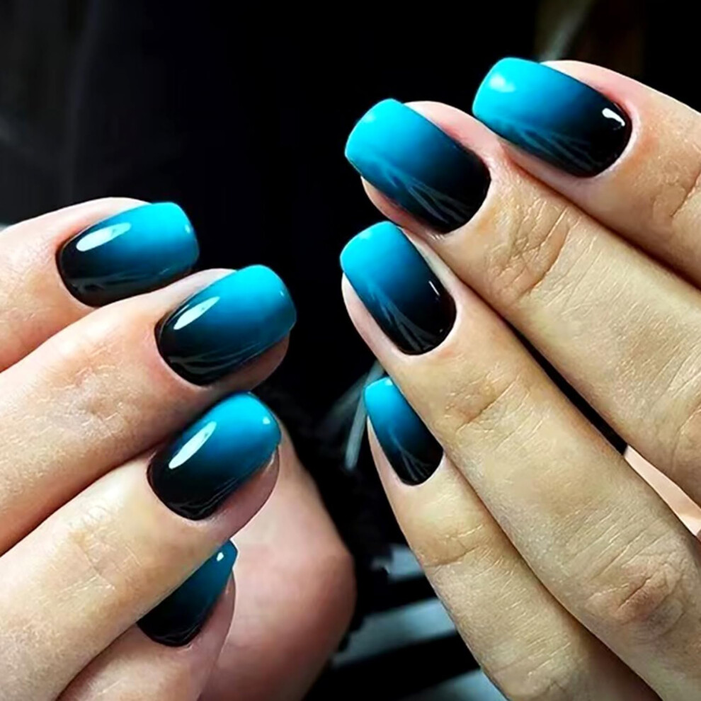 Blue Short Square Press On Nails Gradient Acrylic Fake Nails With Glue Reusable Salonstyle