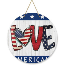 Välkomstskylt med patriotisk amerikansk flagga - Rund träväggdekoration för 4 juli, ytterdörr, veranda, bondgård - Kompatibel med patriotisk