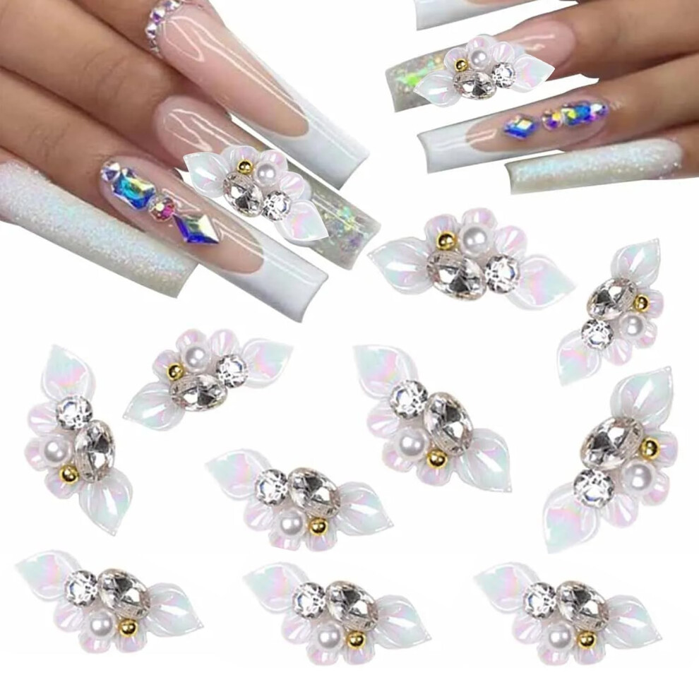 White 20Pcs 3D Flower Nail Charms With Rhinestone Pearl For Acrylic Nails Diy And Salon