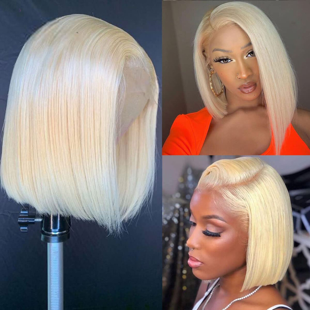 Unisex 613 Blonde Bob Lace Front Wig Human Hair, Pre Plucked Hairline, 130% Density, 14 Inch Straight