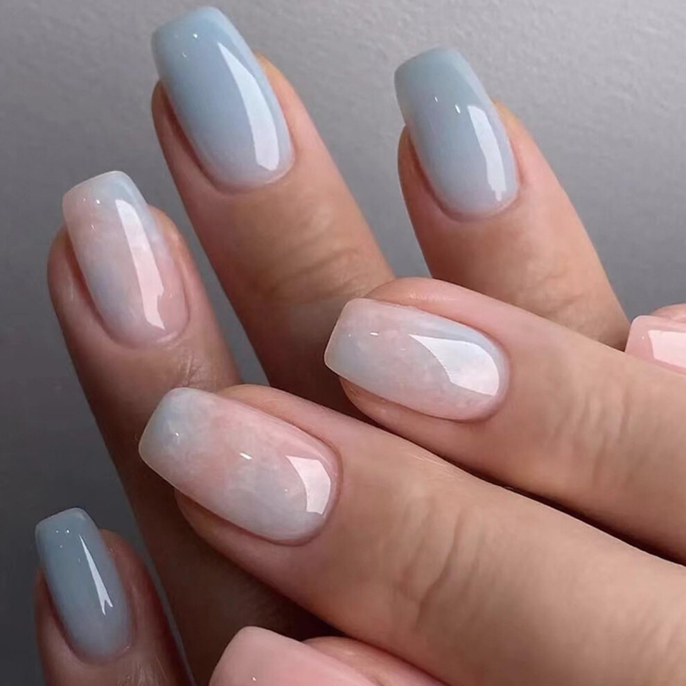 Blue Glossy Gradient Coffin Press On Nails With Marble Accent, Reusable Full Cover 24Pcs