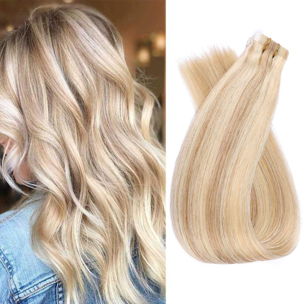 Unisex 22' Ash Blonde To Bleach Blonde Tape In Hair Extensions, Remy Human Hair, 20Pcs 60G Balayage
