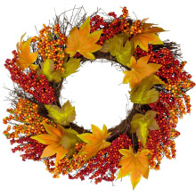 Guirlanda artificial de flores de outono com folhas de bordo e frutos silvestres, sem luzes, 56 cm (22"), laranja.