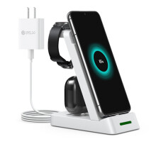 Carregador sem fio INF3 em 1 para celular, compatível com smartwatch Samsung e fones de ouvido, branco.