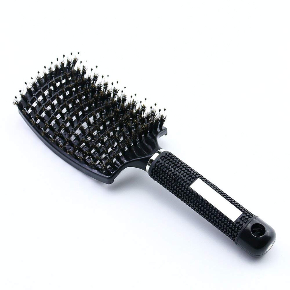 Black Vented Curved Hair Brush With Boar Bristles For Fast Blowdrying And Gentle Detangling,