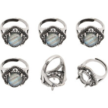 Lot de 6 apprêts de bague ajustables en alliage avec 4 griffes pour la création de bijoux et de bagues DIY, finition argent antique