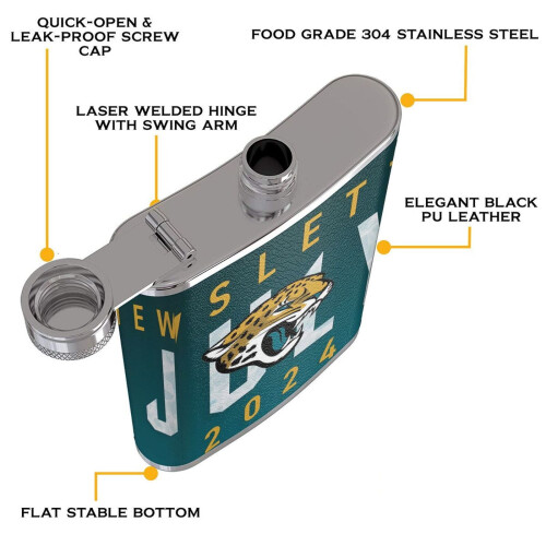 Jaguars Flagon Hip Flask8oz, Ανοξείδωτο ατσάλι και δέρμα κατάλληλο για τρόφιμα, Φορητό για 2