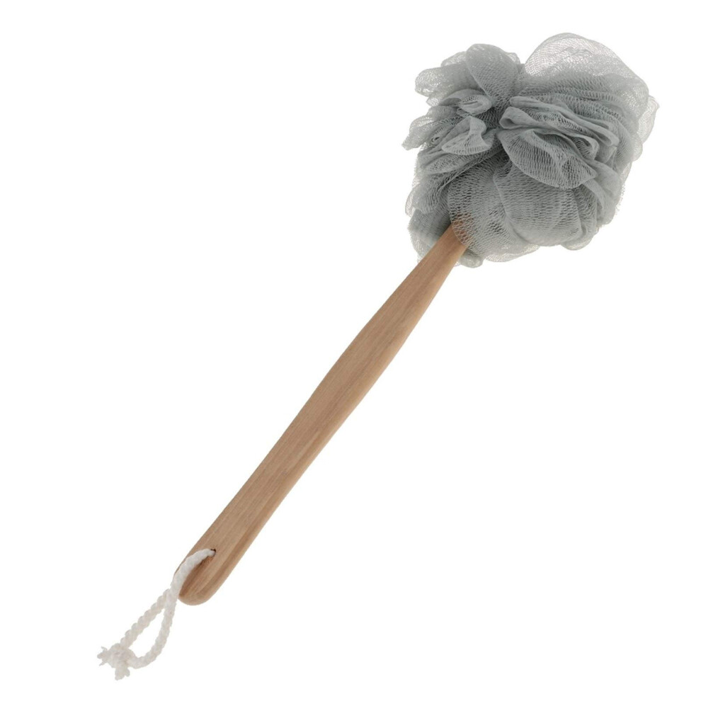 Gray Long Handle Bath Sponge Back Scrubber With Wooden Grip Mesh Pouf For Gentle Exfoliation