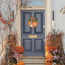Őszi kerek fa ajtótáblák, Halloween és Hálaadás dekorációval kompatibilis, Szellemház függő dekoráció otthoni bejárati ajtóra