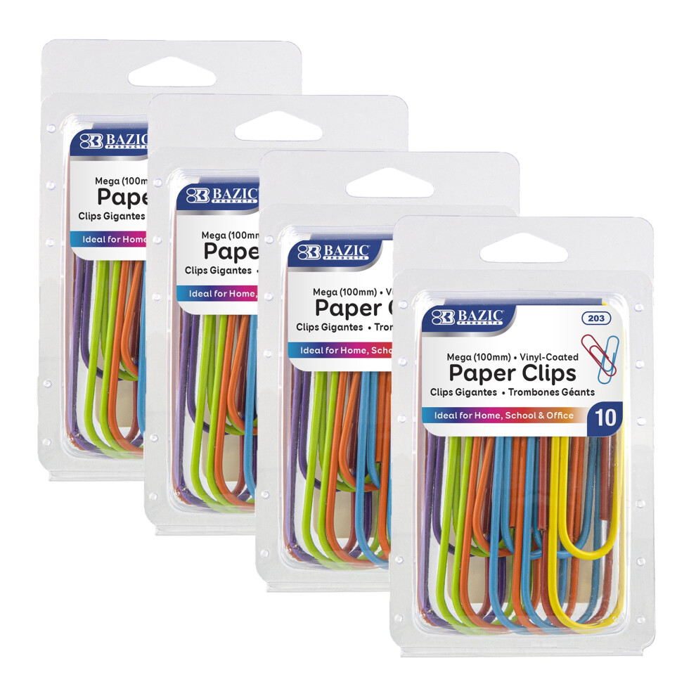 Bazic Paper Clip 100Mm Mega Jumbo Size Paper Clips, Color Coated Paperclips (10/Pack), 4-Packs 9164030944503