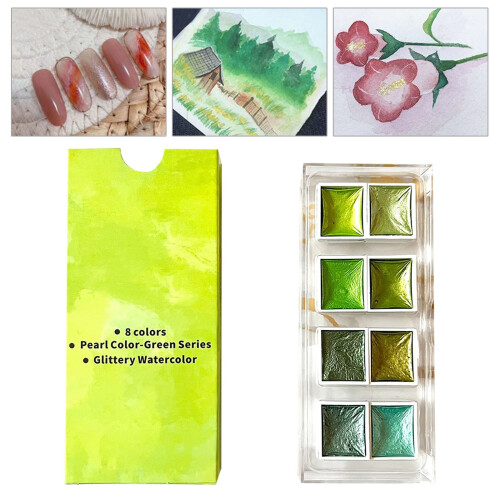 Winysin8Color Πράσινα Γκλίτερ Ακουαρέλα Χρώματα Σετ Περλέ Σετ Τέχνης Καλλιτέχνη για
