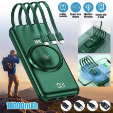 Carregador portátil com cabo integrado, bateria externa ultrafina de 10000mAh, visor LED, compatível com iPhone, Samsung e Android.