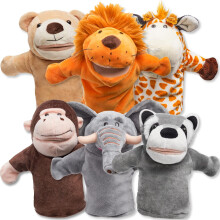 Tacar Puipéid Láimhe JOYIN6Pcs le Béal Oibre, Bréagáin Plush Ainmhithe do Leanaí Óga, lena n-áirítear Eilifint, Sioráf, Leon, Béar,