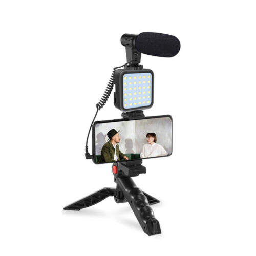 Flexible Tripod Vlogging Kit compatible with iPhone/Android w/LED Light, Mic, Holder, Remote, Case for Streaming, Vlogging