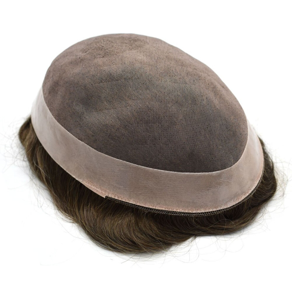 Unisex Brown Men's Toupee Mono Lace Front Indian Remy Human Hairpiece With Invisible Hairline Medium Light 40% Gray