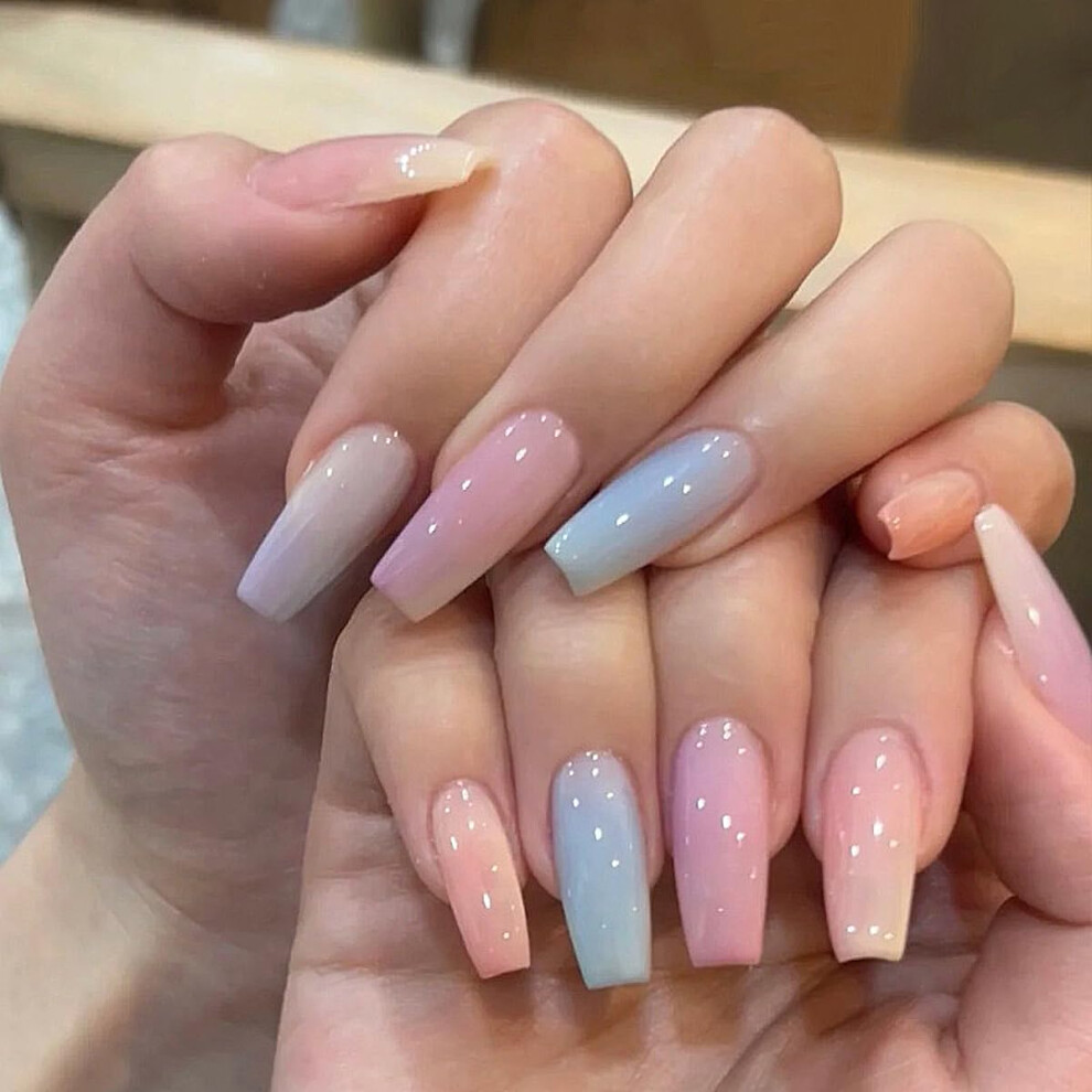 Long Coffin Press on Nails 24PCS Multicolored Reusable Acrylic Fake Nail Tips for Women