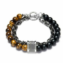 RSAMD Herren-Armband mit Tigerauge-Perlen, Edelstahlkette, Heilarmband, Weihnachtsgeschenk – Tigerauge & matter Onyx