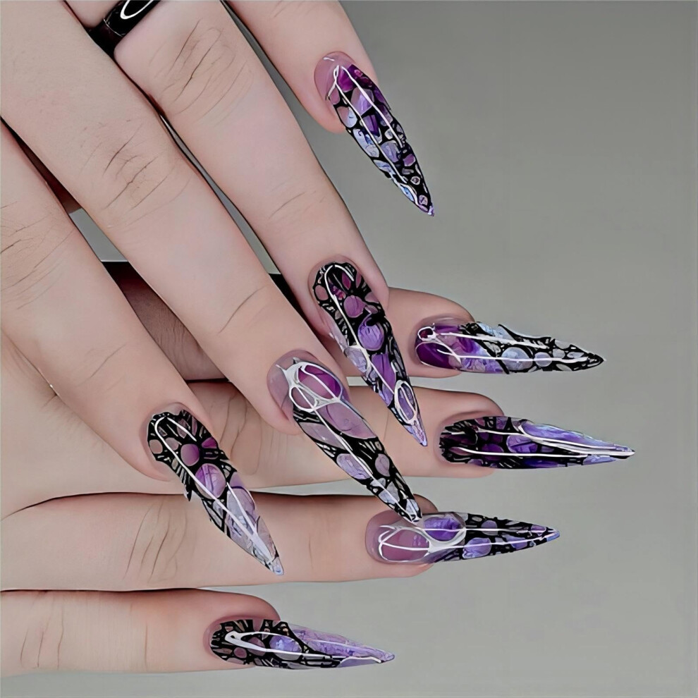 Purple Gradient Long Almond Press On Nails Kit With Spider Web Design, Reusable Full Cover Gel 24Pcs
