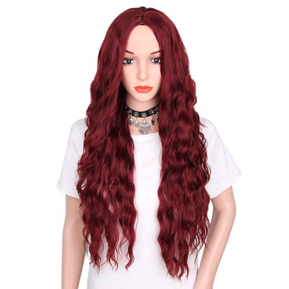 Ombre Wine Red Long Wavy Wig for Women 28 Inch Synthetic Heat Resistant with Natural Hairline