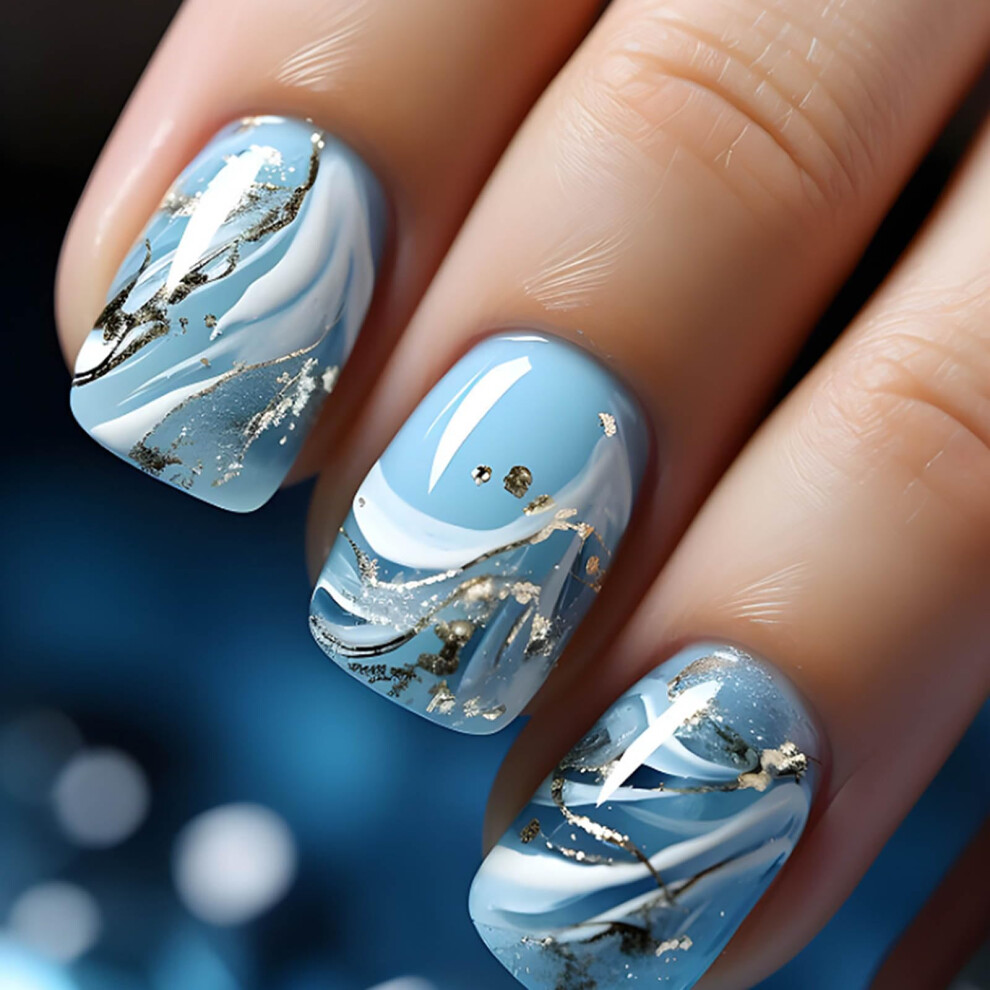 Blue Ombre Press On Nails Set Â Short Square Glitter Marble False Nails For Instant Salon Look, 24Pcs