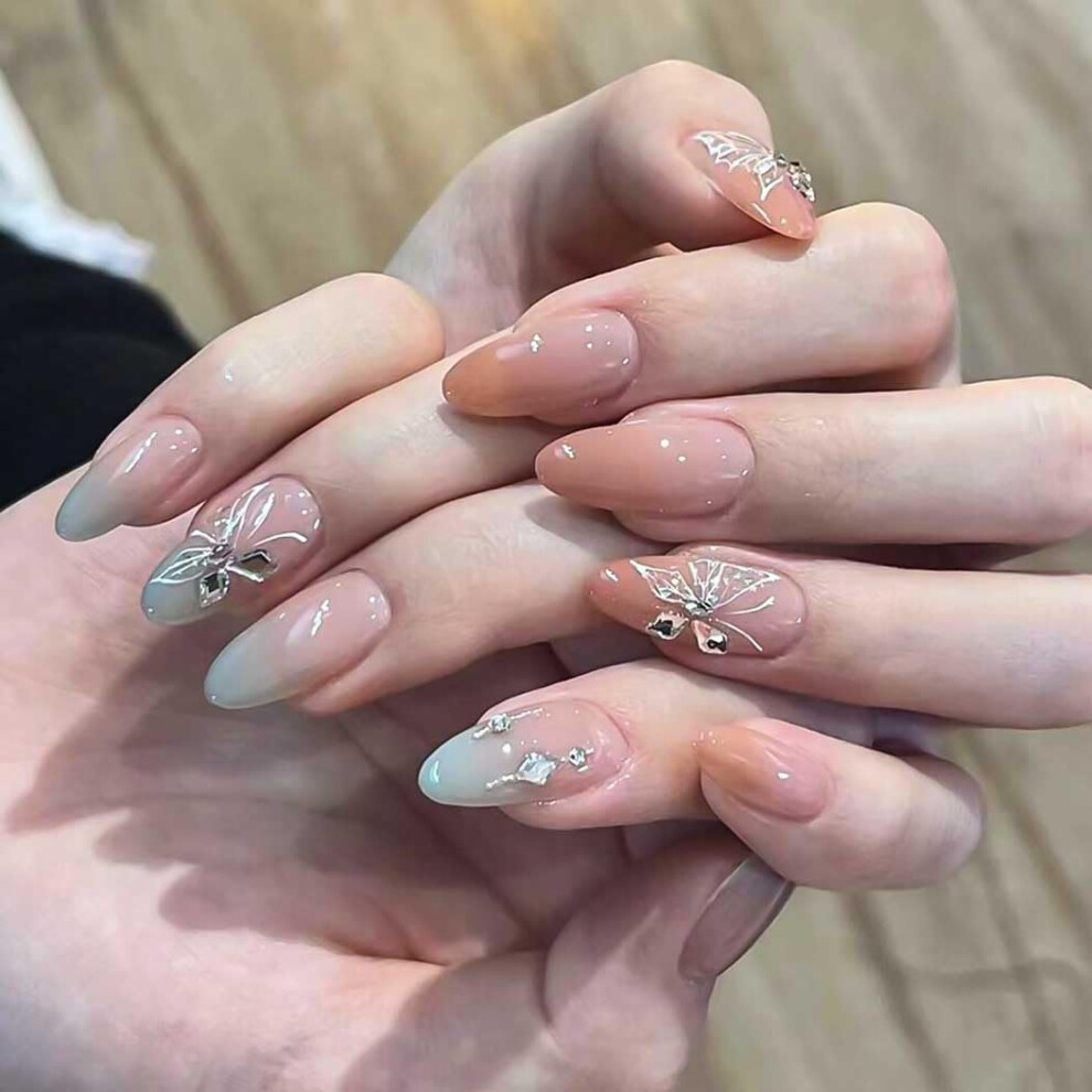 Medium Almond Press On Nails with Butterfly Design, Glossy Full Cover Fake Nails Set 24Pcs
