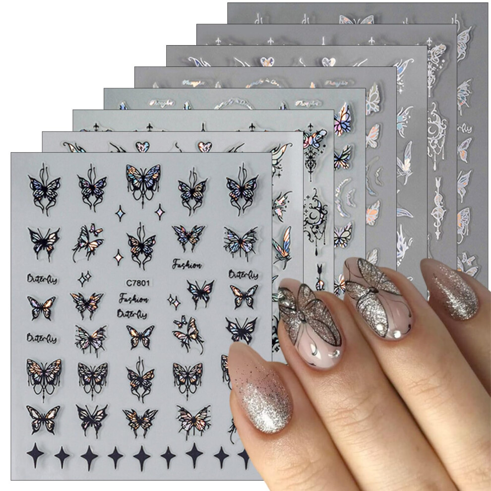 Black/White Butterfly Nail Stickers 8Pcs And 3D Aurora Holographic Glitter Nail Art Decals