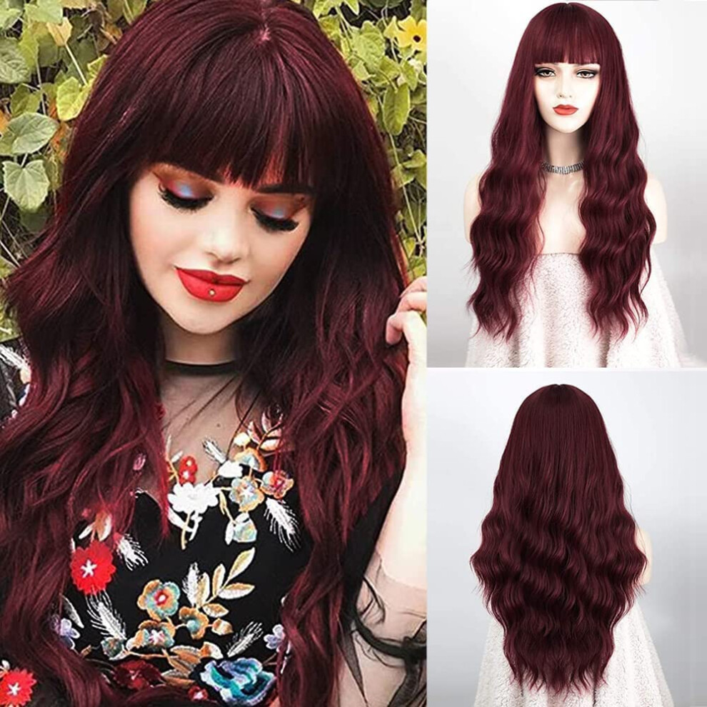 Wine Red Long Wavy Wig with Bangs for Women, Heat Resistant Synthetic Fiber,  Wig Cap