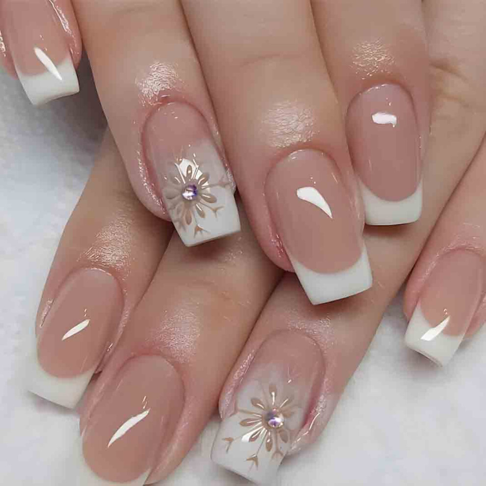 Cream French Tip Press On Nails With Rhinestones, Nude Glossy Fake Nails, Medium Length, 24Pcs