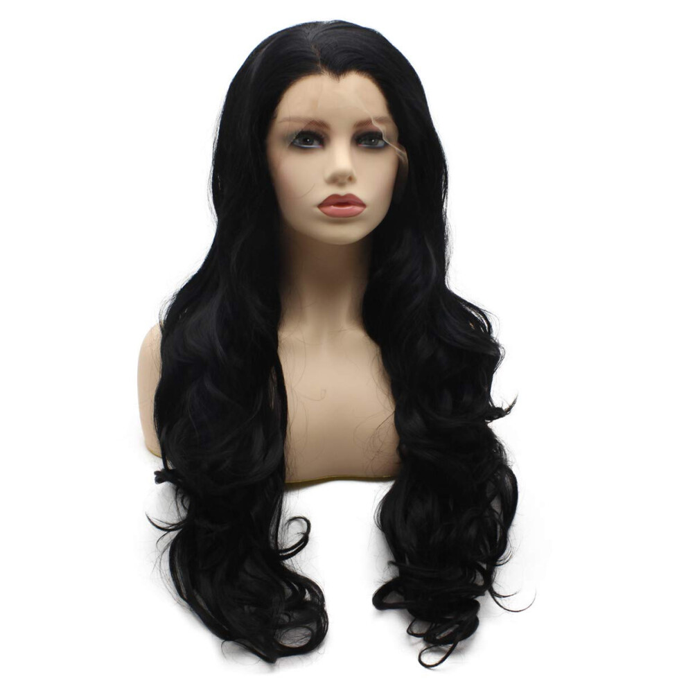 Unisex Black Long Wavy Lace Front Wig 26 Inch Heat Resistant Synthetic Fiber Natural Hairline 150% Density