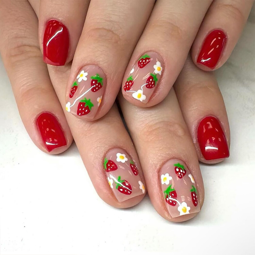 Short Square Press On Nails with Strawberry and Flower Design, Reusable Acrylic Fake Nails 24Pcs
