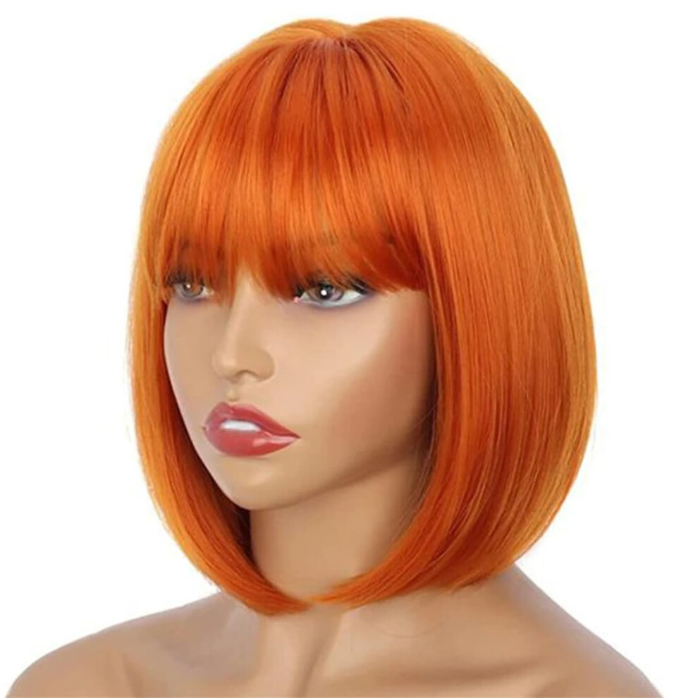 Unisex Orange Ginger Human Hair Bob Wig 12 Inch Brazilian Remy Straight With Fringe For Women